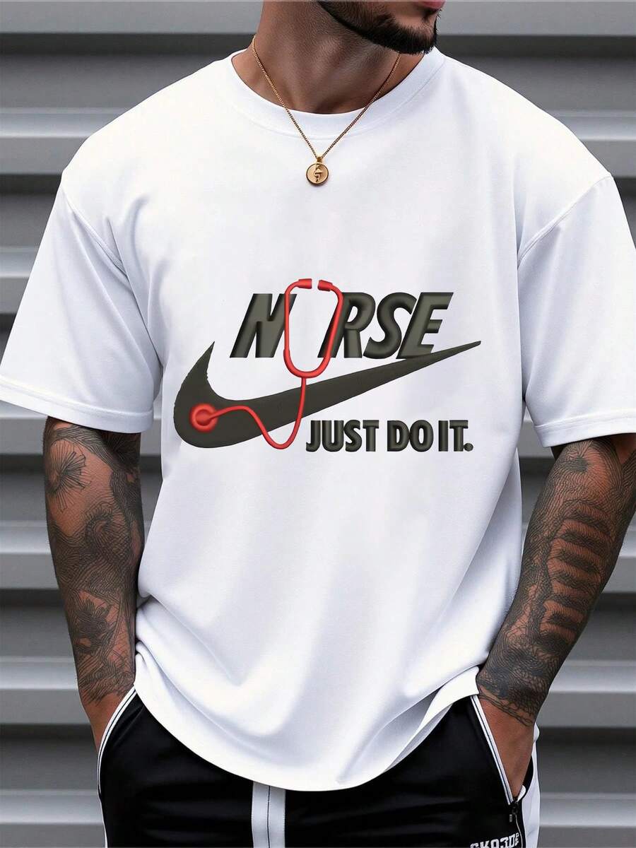 Men's Oversized Crew Neck Short Sleeve T-Shirt with Nurse-Themed Graphic Print, Casual Daily Wear, Soft Cotton Blend Fabric, White Color,  Loose Fit Top for Men - Weiss - Übersicht 1