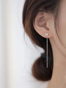 1 Pair S925 Sterling Silver Bowknot Non-Allergic Earrings, 4.5cm/7cm Length Options, Valentine's Day Gift, French Minimalist Niche Design For Ear Piercing, Elegant Style For Women, Party/Daily Wear, Gift Box Included - Silver - View 13