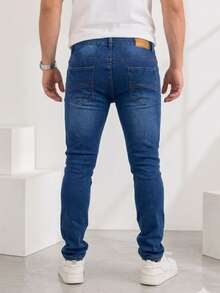 Men's Traditional Straight Jeans With Lycra - 中藍色 - 查看 3