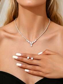 Bộ 3 món dây chuyền và bông tai pha lê cao cấp, kết hợp với dây chuyền choker sang trọng, trang sức, phụ kiện. - Bạc - Xem 8