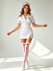 5/6件組女性護士角色扮演服裝套裝，紅十字髮箍、仿真聽診器、注射器、紅十字印花過膝襪、腿環，性感護士全套配件道具，適用於動漫展、角色扮演、主題派對、酒吧舞台表演、節日拍照 - 彩色 - 查看 5