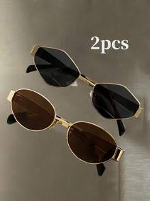 2 Pairs Summer Fashion Eyeglasses Set, Retro Rhombus & Oval Metal Frame Decorative Glasses, Unisex Suitable For Street Photography, Commuting - 2pcs Round Tea Diamond Gray - View 3