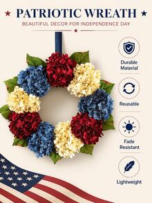 1pc Patriotic Hydrangea Flower Wreath, Suitable For July 4th, Red White Blue Color Scheme, Easy To Hang Artificial Flower Arch Decor For Front Door, Window, Outdoor Garden. Outdoor Wreath Decor, American Theme Party Decoration - Ngày độc lập - Xem 6