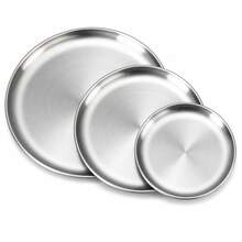 Set di 3/6/9 piatti da portata rotondi in acciaio inossidabile, piatti in metallo impilabili adatti per dessert, bistecche, pizza, frutta, barbecue, picnic e feste, con 3 opzioni di dimensione, accessori moderni per la cucina e la sala da pranzo - Argento - Visualizzare 14