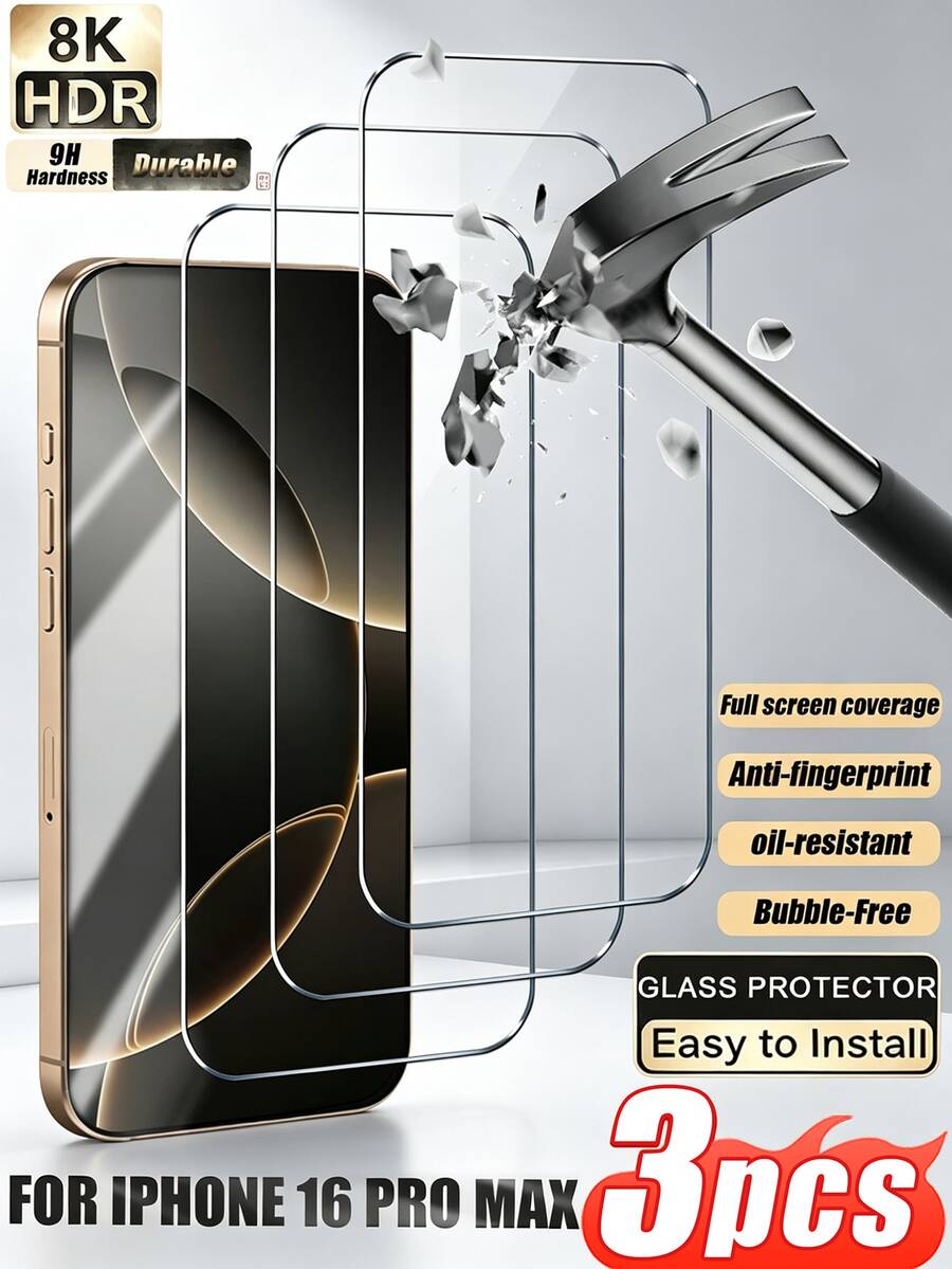 Navigator 3pcs High-Definition Tempered Glass Screen Protector, Anti-Scratch, Anti-Fingerprint, Full Screen Coverage, Tempered Glass Material Withstands Daily Wear And Tear. Smooth Surface Enables Seamless Touch Experience, Suitable For Use In Gym, Cafe, Outdoor Photography With 11/12/13/14/16/16 Plus/16 Pro/16 Pro Max/15/15Pro/15 Plus/15 Pro Max/17/17 Pro/17 Pro Max