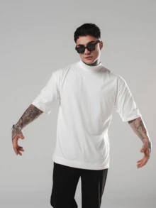 DMUNIZ Oversized Streetwear Basic Turtleneck Gym T-Shirt - Cream - View 3