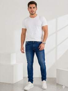 Men's Traditional Straight Jeans With Lycra - 中藍色 - 查看 4