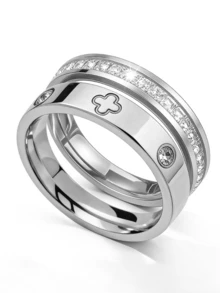 2 piezas Anillos apilables de acero inoxidable con diseño sencillo de una y dos filas con circonita cúbica dorada para uso diario de mujeres - Plateado - Ver 13