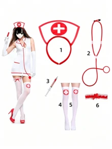 5/6件組女性護士角色扮演服裝套裝，紅十字髮箍、仿真聽診器、注射器、紅十字印花過膝襪、腿環，性感護士全套配件道具，適用於動漫展、角色扮演、主題派對、酒吧舞台表演、節日拍照 - 彩色 - 查看 11