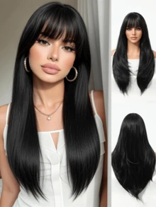 26 Inch Black Straight Wig With Bangs, Natural Looking Synthetic Hair Wig For Daily Wear, Party And Halloween - màu đen - Xem 2