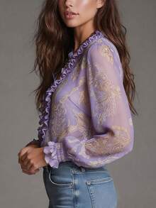 Vintage Design Elegant Vacation Style Baroque Paisley Floral Ruffle Zip Chiffon Blouse, All-Over Floral Print Chiffon Zip Sheer Blouse For Daily & Holiday Wear, Spring/Summer - Light Purple - View 4