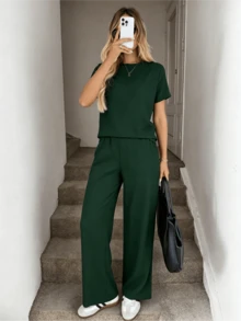 Forest Green Minimalist T-Shirt & Tailored Wide Leg Pants 2-Piece Casual Outfit - màu xanh lá - Xem 4