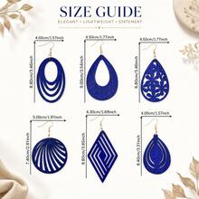 6 Pairs Retro Elegant Wooden Pendant Earrings, Blue Geometric Carved Design, Suitable For Evening Gowns And Party Outfits, Gift For Her - Blue - View 3