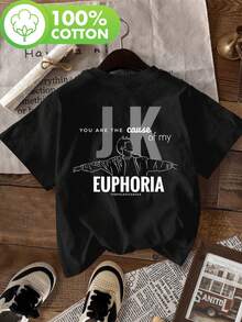 Camiseta con Estampado Euphoria, Manga Corta, Cuello Redondo, Estilo Casual para Verano y Primavera, Ropa de Mujer, Camiseta de Algodón Cómoda - Negro - Ver 7