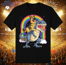 German Shepherd On T-Rex Rainbow T-Shirt | Gender-Neutral Oversized Funny Animal Shirt Black - Black - View 10