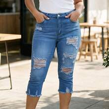 Pantalones capri de mezclilla con rasgados, cintura media, elásticos y dobladillo deshilachado para mujer, de uso casual en verano - Azul lavado medio - Ver 6