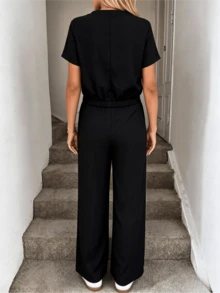 Solid Black Minimalist T-Shirt & Tailored Pleated Wide Leg Pants 2-Piece Loungewear Outfit - 黑色 - 查看 2