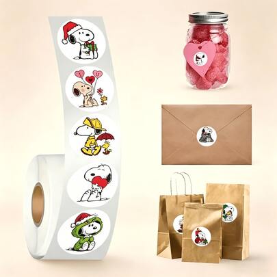  500 piezas Rollo de pegatinas redondas de Snoopy, pegatinas de dibujos animados lindas adecuadas para diario, cuaderno, portátil, decoración de planificador, cumpleaños, vacaciones, decoración de regalo de fiesta