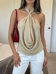 Áo kiểu nữ bằng vải lanh cổ yếm, áo không tay mùa hè 2026 với khóa vàng ở cổ, áo tank top dáng suông thanh lịch. - Xám - Xem 5