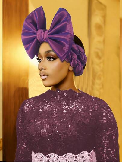 Dam satin turban huvudbonad med stor rosett och förknuten hijabmössa, alla årstider mångsidig afrikansk huvudbonad för vardag, Ramadan och fest