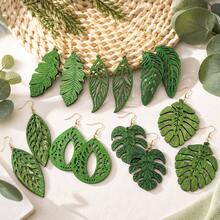 7 Pairs Green Wooden Leaf Carved Pendant Earrings, Spring Summer Natural Countryside Style Earrings, Women Holiday Party Outfit Accessory, Gift - Green - View 7
