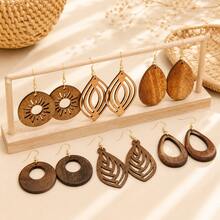 6 cặp bông tai mặt gỗ chạm khắc hình học màu cà phê cổ điển, bông tai gỗ Bohemian thích hợp để đeo hàng ngày, tiệc tùng, tụ họp, quà tặng tuyệt vời cho phụ nữ - Cà phê - Xem 5
