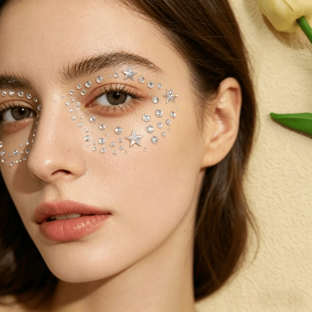 1pc AB Colorful Star Rhinestone Face Jewel, With Transparent AB Color Round Rhinestones And 3D Star Rhinestone Decor As The Core Elements, The Rhinestone Surface Has A Dreamy Rainbow Iridescent Effect That Reflects Lively Luster Under Different Lighting, Decorated With Star Shape, Overall Style Is Sweet And Lively - 彩色 - 查看 1