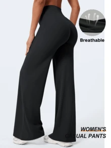 1pc Women's Straight Leg Wide Leg Pants, High Waisted Slimming Yoga Leggings, Suitable For Spring, Summer, Autumn Black Sports - Black - View 3