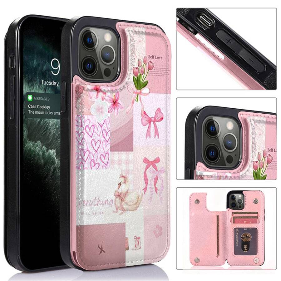 1 unidad Collage rosa corazones cisne flores lazos Funda para iPhone 14 Esta funda cuenta con una función de cartera con múltiples ranuras para tarjetas y un cierre magnético ultrarresistente que mantiene las tarjetas seguras y sin que se caigan. Es una funda minimalista de cuero que combina una cartera de cuero texturizado hecha a mano con una funda para teléfono, ofreciendo un agarre cómodo y un diseño sencillo y elegante. Adecuada tanto para hombres como para mujeres, es un accesorio esencial para el uso diario. - Rosa - Ver 1