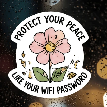 1张3英寸可移除防水户外PVC耐用乙烯基贴纸，趣味“像保护你的WiFi密码一样保护你的内心平静”，粉色花朵励志自我关爱语录，Z世代心理健康梗图，美学风格，完美适用于笔记本电脑、手机、水瓶、滑板、头盔、日记本、汽车保险杠、笔记本、宿舍装饰、旅行箱包，是13-30岁青少年男女自我关爱爱好者的理想礼物，创意装饰贴纸，防水乙烯基材质，适用于任何光滑表面。