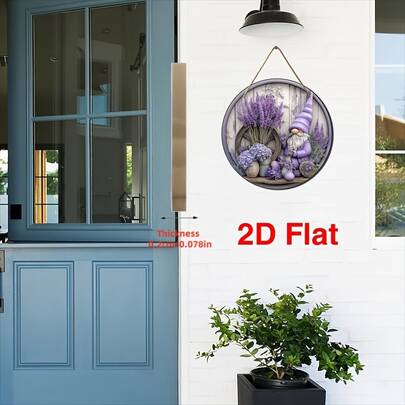 Tranh phẳng 2D, Thiết kế phẳng 2D - Một khu vườn hoa oải hương vui tươi, sử dụng thiết kế phẳng 2D, bao gồm một bức tranh trang trí tường bằng gỗ tròn 2D kích thước 8" x 8". Thích hợp cho nhiều lễ hội - Màu tím mộc mạc, với bình tưới nước và họa tiết hoa.