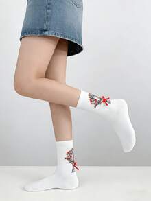 1/3 pares de calcetines de media caña con decoración de flores y lazos de estilo chino, versátiles para primavera/verano - Multicolor - Ver 2