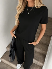 Solid Black Minimalist T-Shirt & Tailored Pleated Wide Leg Pants 2-Piece Loungewear Outfit - 黑色 - 查看 5