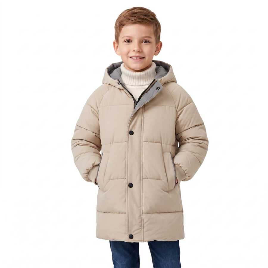 About Everything Children's And Youth Long Jacket Coat For Boys And Girls With Ribbed Cuffs - 米色 - 查看 1