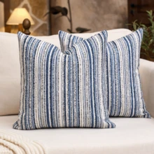 1/2 chiếc vỏ gối trang trí sọc bằng vải chenille cao cấp, không kèm ruột gối, chất liệu vải boucle màu xanh và be, hình vuông, thích hợp cho ghế sofa, phòng khách, phòng ngủ, nhà nông thôn, cũng có thể dùng làm quà tặng. - Xanh lam-Beige - Xem 18