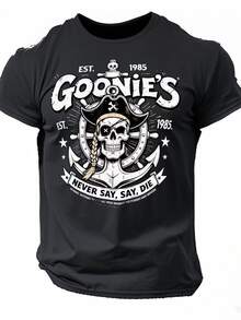 Men's Graphic Pirate Skull Print Cotton T-Shirt, Retro "Never Say Die" Vintage Tee, Breathable Men's Summer Clothes, Perfect Gift For Father's Day/Birthday - 黑4 - 查看 12
