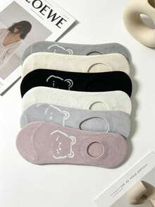 6 pares de calcetines invisibles casuales para mujer, diseño de oso de dibujos animados encantador sin mostrar calcetines, calcetines a la moda para la vida diaria - Multicolor - Ver 2
