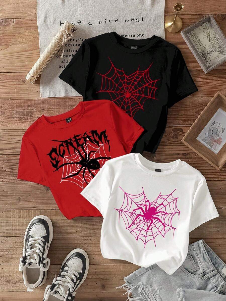 Single Garment Package, Not A 3-Piece Set. 1 Piece/Set Of Short-Sleeved T-Shirts Suitable For Streetwear, Daily Outings, Camping, Concerts, Hip-Hop, Rock, And Rap Events. Women's T-Shirt With A Combination Of Leopard And Floral Heart Print, Graphic Summer T-Shirts For Women, 100% Cotton, Round Neck And Short Sleeves With Spider Print. Spider, Spiderwebs, Men - 黑色 - 查看 1
