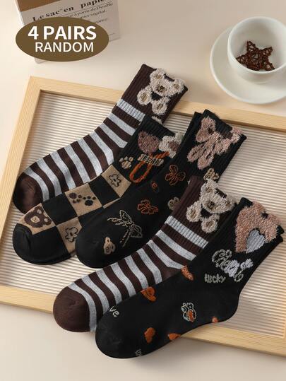 4 Pairs Women's Assorted Socks, Featuring Bear, Heart, Bow, Striped Patterns, And Brown Feather Mesh Mid-Calf Socks, Made Of Soft Breathable Knit Fabric, Versatile For Daily Wear, Fashionable Ins Style, Suitable For All Seasons, Indoor And Outdoor