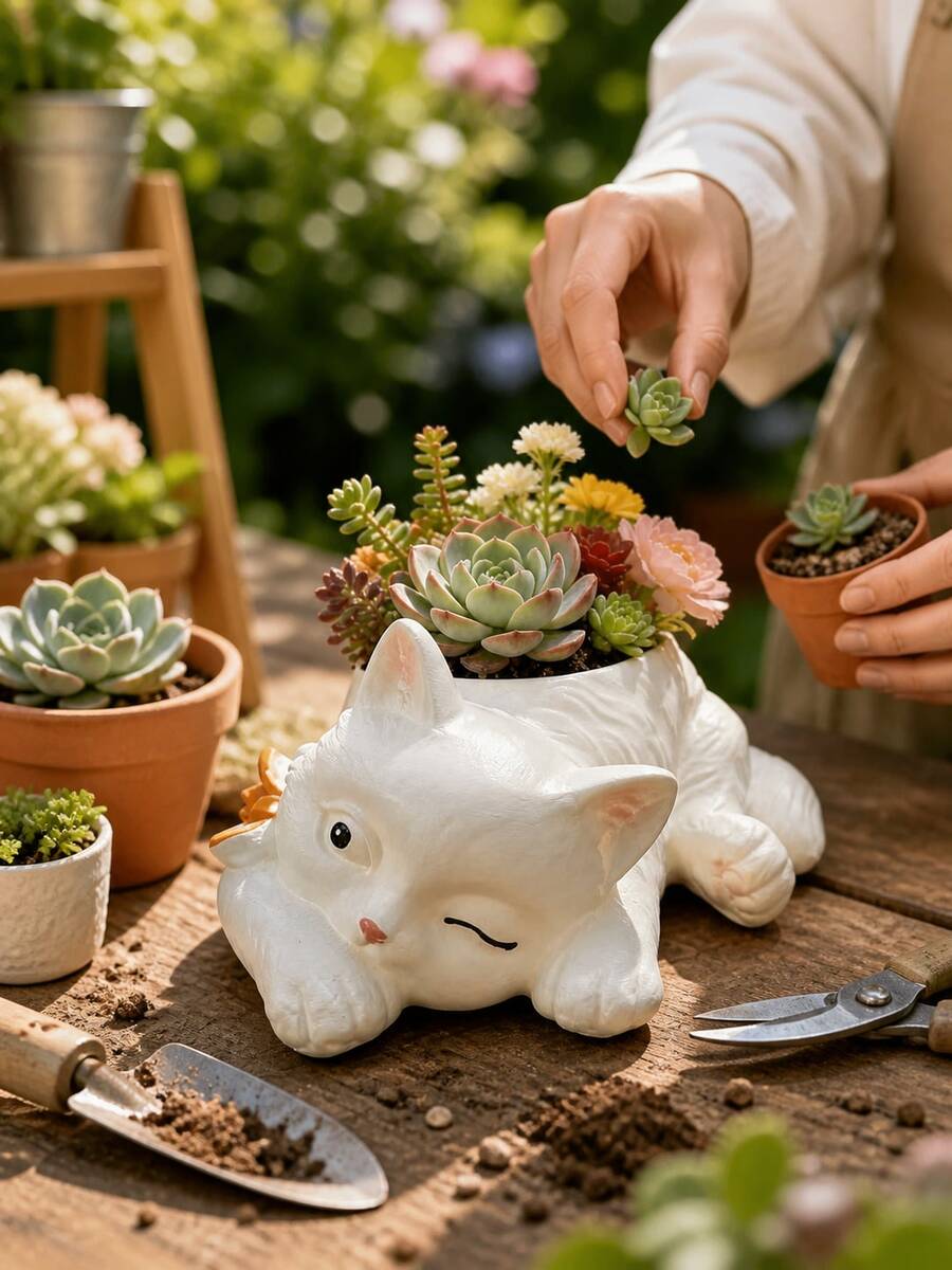 1个树脂猫形花盆,室内多肉植物装饰花盆,既是花盆又是可爱的装饰品,适用于真假植物,美观的房间装饰,防水家居/办公用品配件 - 多款1 - 查看 1