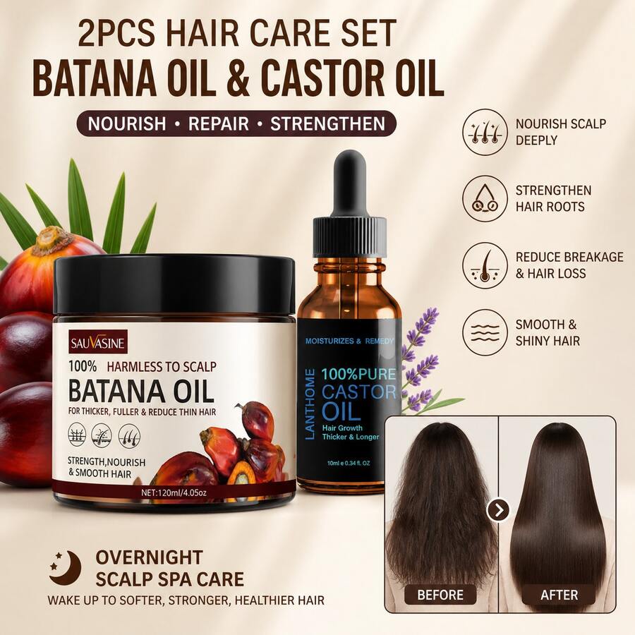 Batana 护发头皮修护及睡眠护理两件套：Batana 护发素 + 薰衣草蓖麻油，深层滋养发根，改善干枯毛躁发质，强韧发丝，预防脱发，夜间头皮SPA修护，令秀发柔顺亮泽。 - 全部 - 查看 1