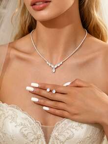 Bộ 3 món dây chuyền và bông tai pha lê cao cấp, kết hợp với dây chuyền choker sang trọng, trang sức, phụ kiện. - Bạc - Xem 6