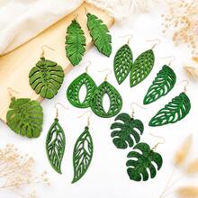 7 Pairs Green Wooden Leaf Carved Pendant Earrings, Spring Summer Natural Countryside Style Earrings, Women Holiday Party Outfit Accessory, Gift - Green - View 8