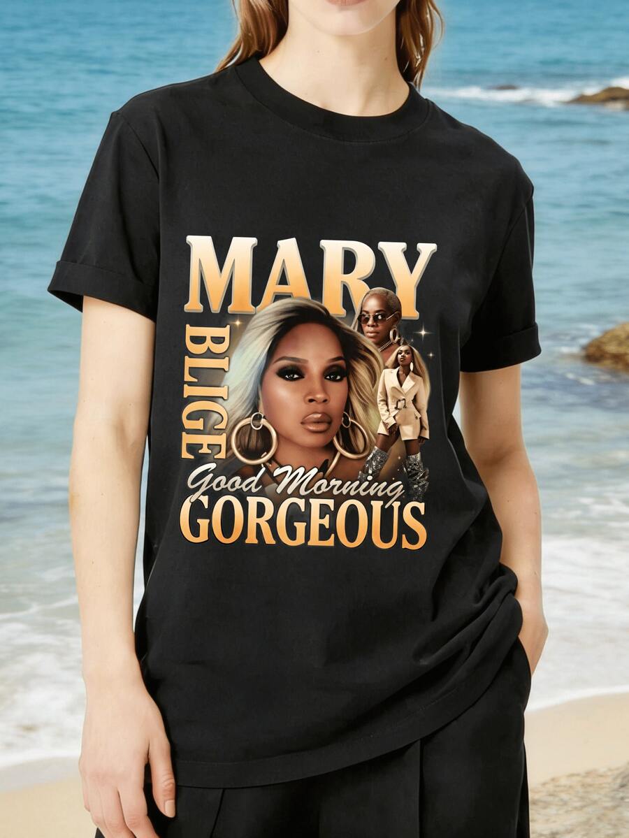 Camiseta de Mujer con Estampado Vintage de los 90 de Mary J. Blige Good Morning Gorgeous, 100% Algodón 180GSM, Color Negro, Lavable a Máquina, No se Decolora, Ropa Casual Urbana para Reuniones Familiares, Navidad, Halloween, Tops Cómodos y a la Moda. - Negro - Ver 1