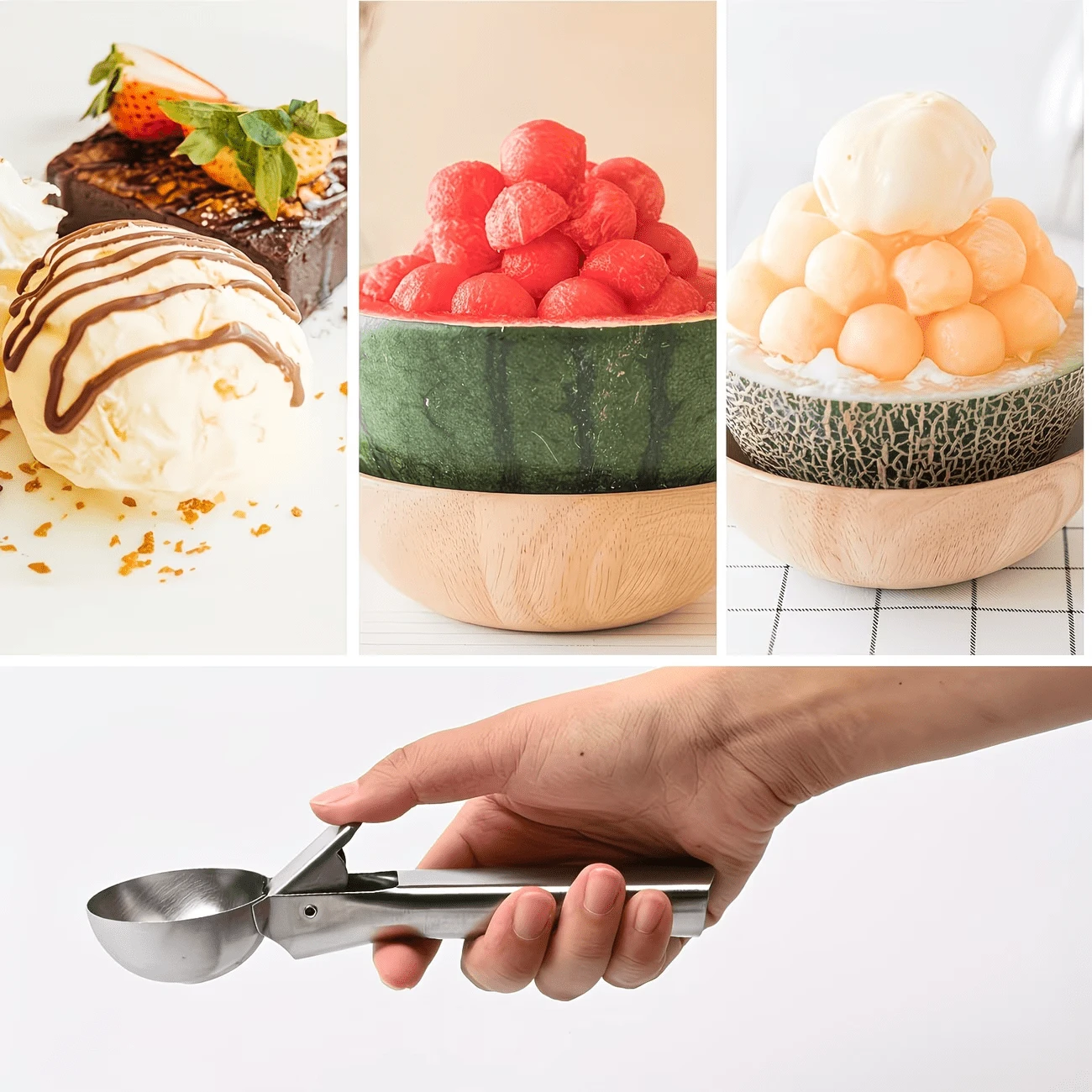 Muỗng múc kem và trái cây bằng thép không gỉ, bền chắc, hình cầu, thích hợp cho dưa hấu, dưa lưới và đu đủ.