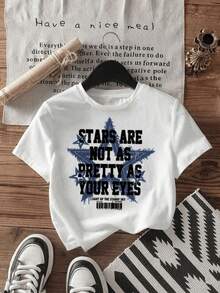 Estrella azul simboliza la belleza interior que supera el brillo del cielo transmitiendo un mensaje de confianza y luz que inspira cada mirada camiseta de mujer casual moderna cómoda para diario - Blanco - Ver 8