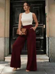 Elegant And Chic Wide-Leg Trousers With A Pleated Leg Design, Suitable For Autumn. Sizes S M L - 酒紅色 - 查看 4