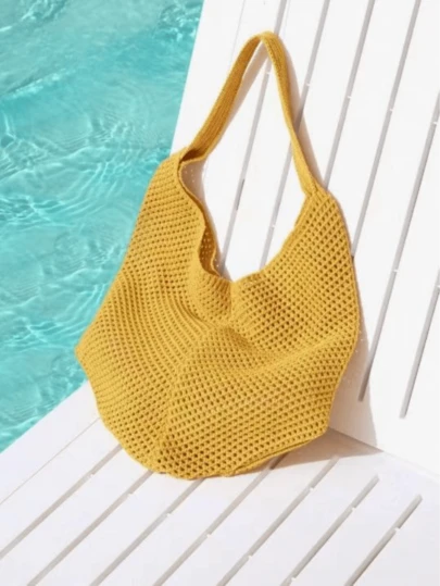 Bolso de mano grande de ganchillo y punto - Bolso de mano de punto multifuncional y ligero, disponible en beige, rosa, marrón, negro, adecuado para viajes, playa, vacaciones y uso diario, bolso de mano grande, bolso de playa, ganchillo y punto, vacaciones, amarillo