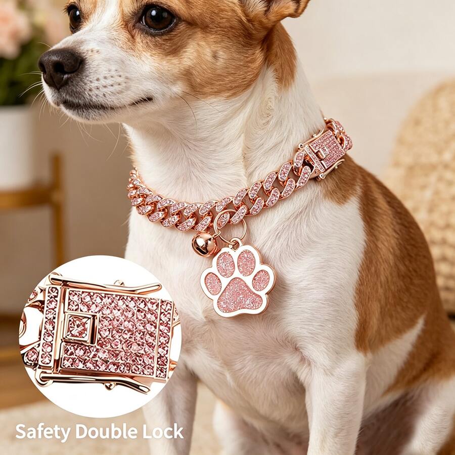 Cute Cat Paw Pendant Pet Collar, Hip-Hop Style Zinc Alloy Cuban Chain, Sparkling Rhinestone Decor, Adjustable Neck Size, Durable, Suitable For Cats And Dogs - Multicolor - View 1