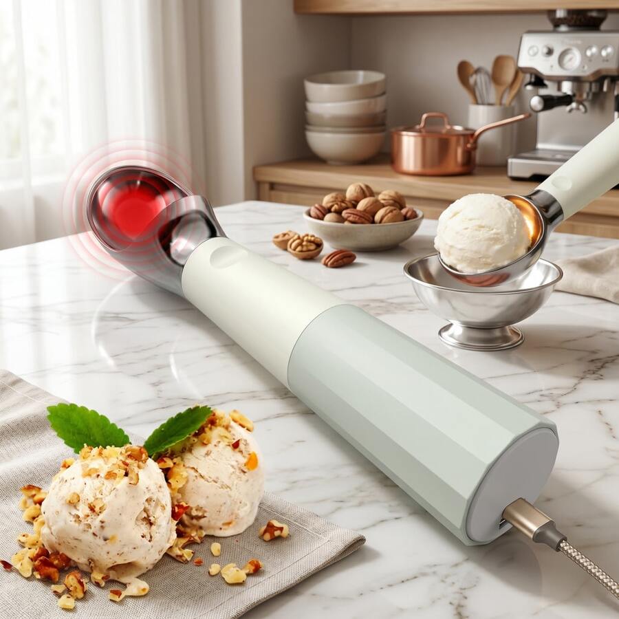 2000mAh USB-C Rechargeable Heated Ice Cream Scoop Plastic 304 Stainless Steel Max 70°C Heating Power Indicator Display 2oz Capacity 70Mins Long Standby Fast Scoop Hard Frozen Ice Cream Summer Kitchen Gadget With USB-C Charging Cable User Manual - White - View 1